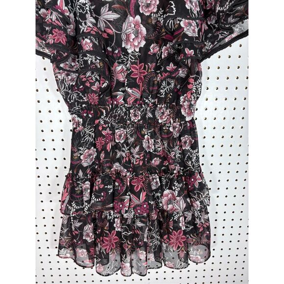 Misa Los Angeles Gallie Black Pink Floral Print Ruffle Mini Dress Size S - Picture 6 of 9